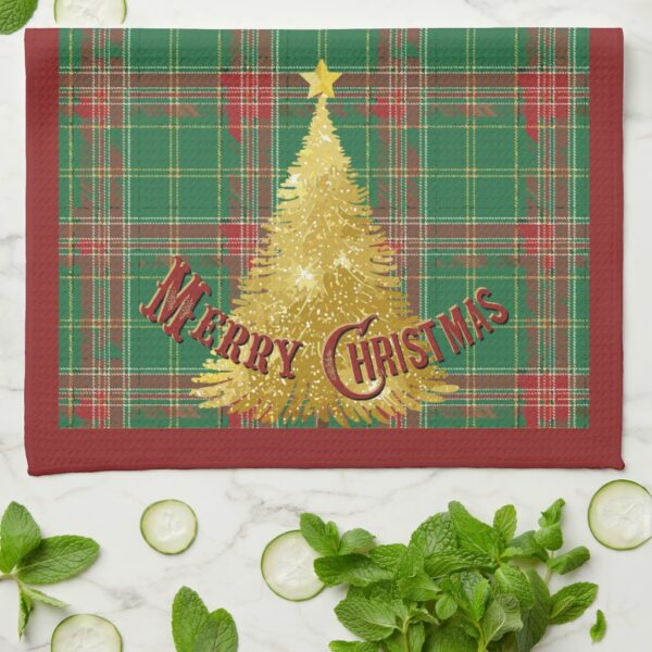 Christmas Plaid Green, Red with Gold Tree Kitchen Towel