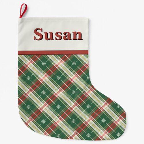 Christmas Plaid Green, White, Gold Large Christmas Stocking