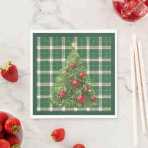 Christmas Plaid Green, White, with Red, Gold Napkins. Set of 50.