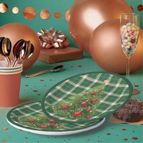 Christmas Plaid Green, White, with Red, Gold Paper Plates. Set of 8.