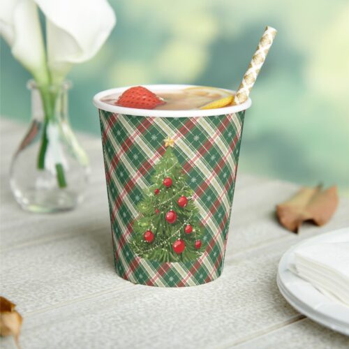 Christmas Plaid Green, White, with Red Paper Cups. Set of 8.