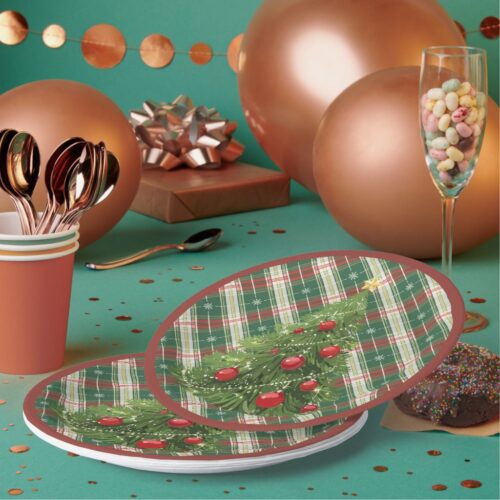 Christmas Plaid Green, White, with Red Paper Plates. Set of 8.