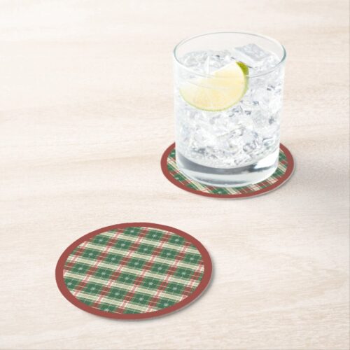 Christmas Plaid Green, White, with Red Round Paper Coaster. Set of 6.