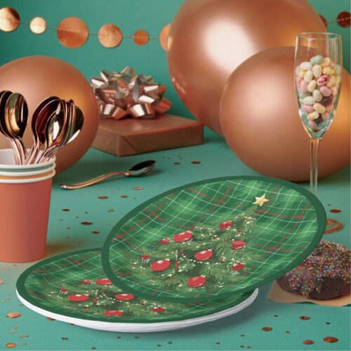 Christmas Plaid Green with Red Paper Plates. Set of 8.