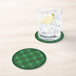 Christmas Plaid Green with Red Round Paper Coaster. Set of 6.