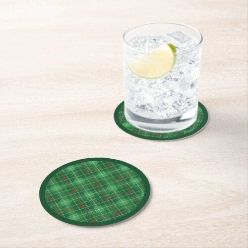 Christmas Plaid Green with Red Round Paper Coaster. Set of 6.