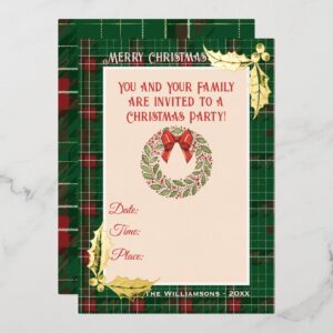 Christmas Plaid in Green with Red Foil Invitation