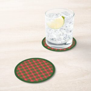 Christmas Plaid Red and Green Round Paper Coaster. Set of 6.