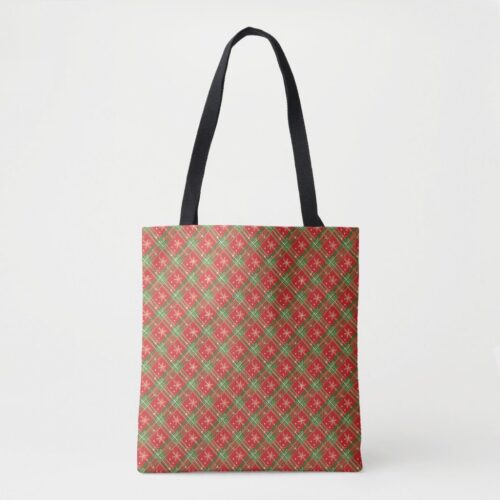Christmas Plaid Red Gold Stars Tote Bag