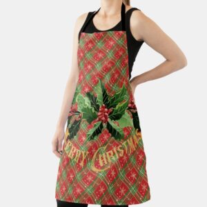 Christmas Plaid Red Gold Stars with Wreath Apron