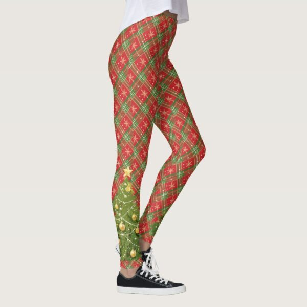 Christmas Plaid Red, Green, Gold with Tree Leggings