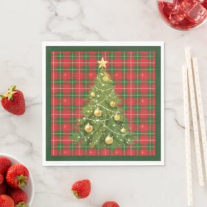 Christmas Plaid Red, Green with Gold Crosses Napkins. Set of 50.