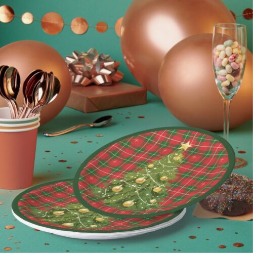 Christmas Plaid Red, Green with Gold Crosses Paper Plates. Set of 8.