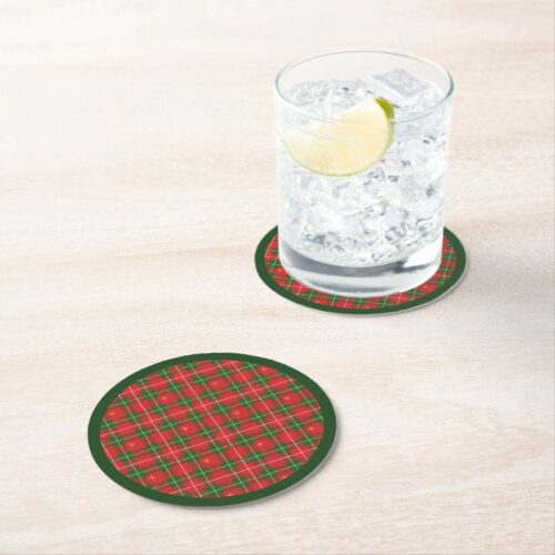 Christmas Plaid Red, Green with Gold Crosses Round Paper Coaster. Set of 6.