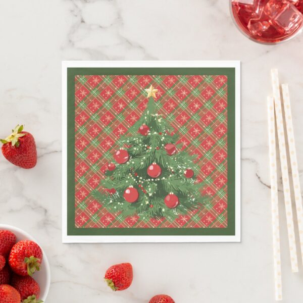 Christmas Plaid Red, Green with Gold Snowflakes Napkins. Set of 50.