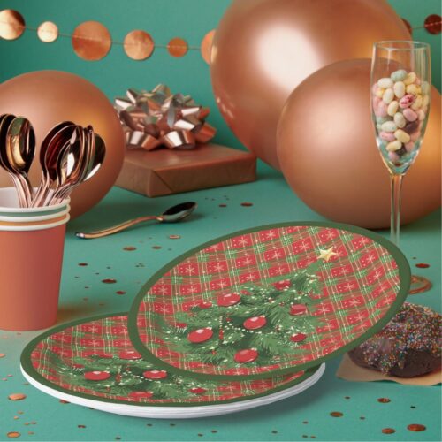 Christmas Plaid Red, Green with Gold Snowflakes Paper Plates. Set of 8.