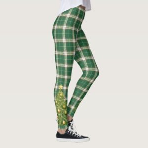 Christmas Plaid White, Green with Tree Leggings