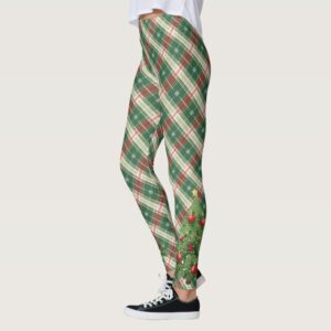 Christmas Plaid White, Green with Tree Leggings