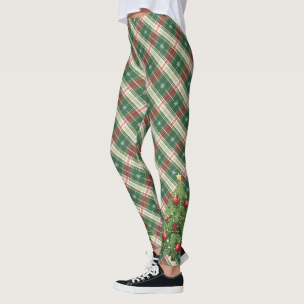 Christmas Plaid White, Green with Tree Leggings