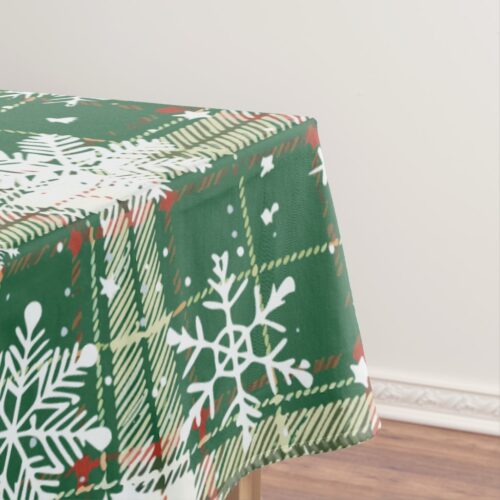 Christmas Plaid White, Green with White Snowflakes Tablecloth