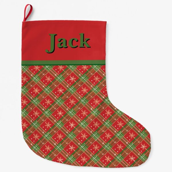 Christmas Plaid with Gold Snowflakes Large Christmas Stocking