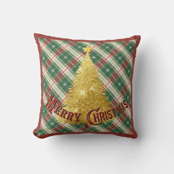 Christmas Plaid with Gold Tree Throw Pillow