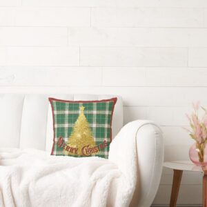 Christmas Plaid with Gold Tree Throw Pillow