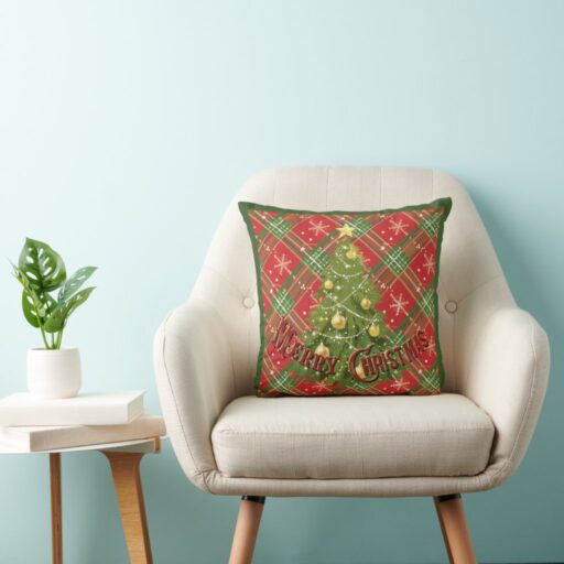 Christmas Plaid with Tree Throw Pillow