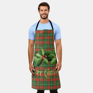 Christmas Red Green Plaid With Wreath Apron