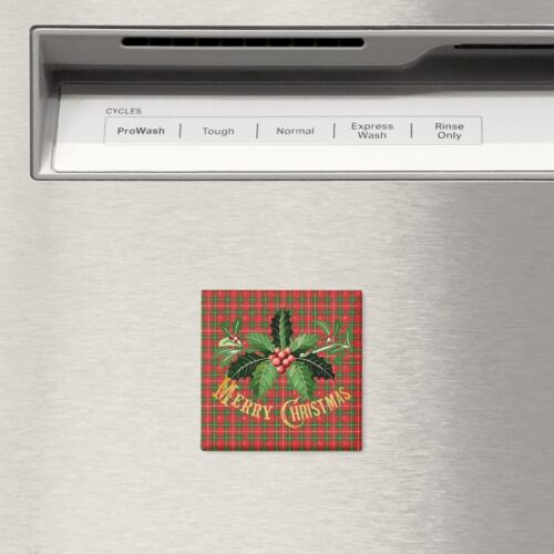 Christmas Red Green Plaid with Wreath Magnet