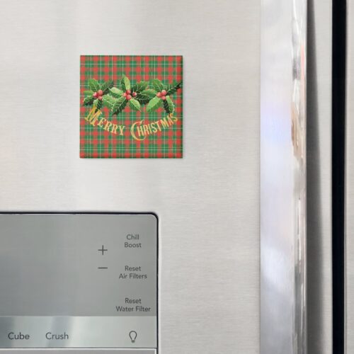 Christmas Red Green Plaid With Wreath Magnet