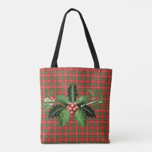 Christmas Red Green Plaid with Wreath Tote Bag