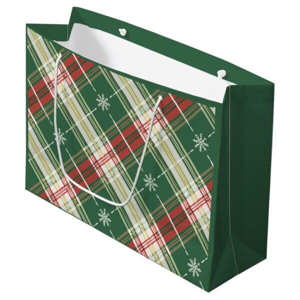 Christmas White Gold Plaid Large Gift Bag