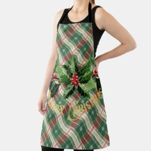 Christmas White Gold Plaid With Wreath Apron