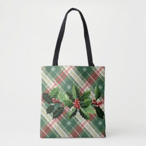 Christmas White Gold Plaid With Wreath Tote Bag