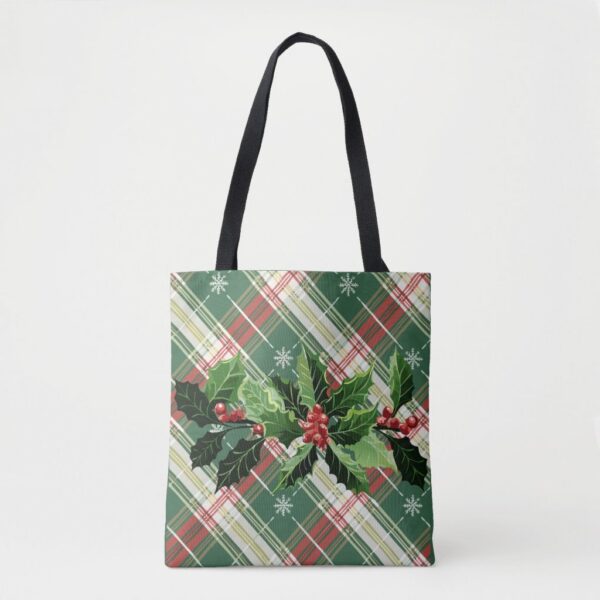 Christmas White Gold Plaid With Wreath Tote Bag