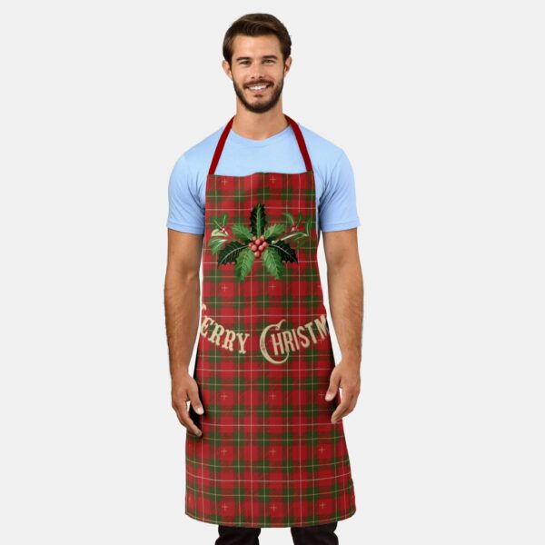 Gold Merry Christmas Scottish Plaid with Holly Apron