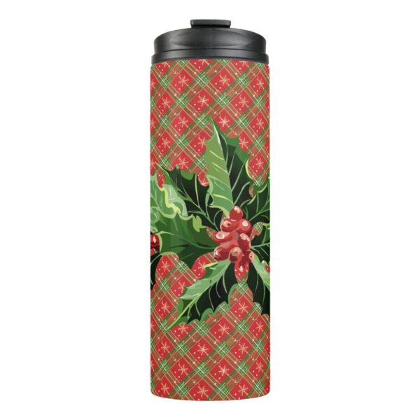 Holly and Berries on Red Christmas Plaid Thermal Tumbler