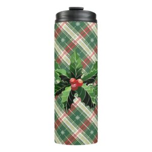 Holly and Berries on White N Green Christmas Plaid Thermal Tumbler