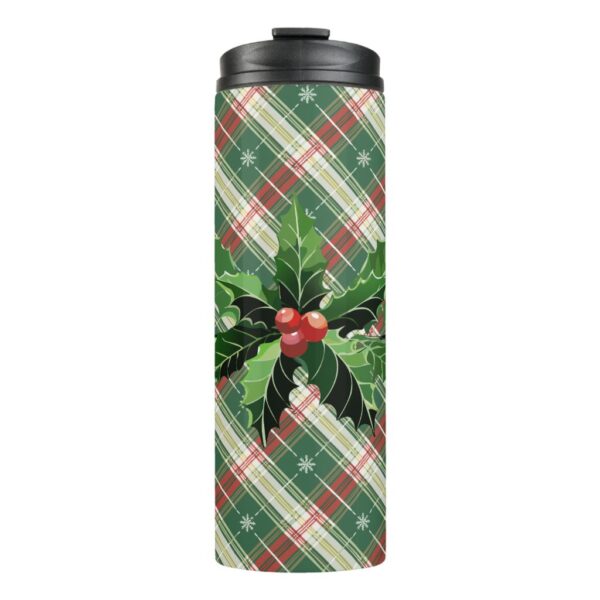Holly and Berries on White N Green Christmas Plaid Thermal Tumbler
