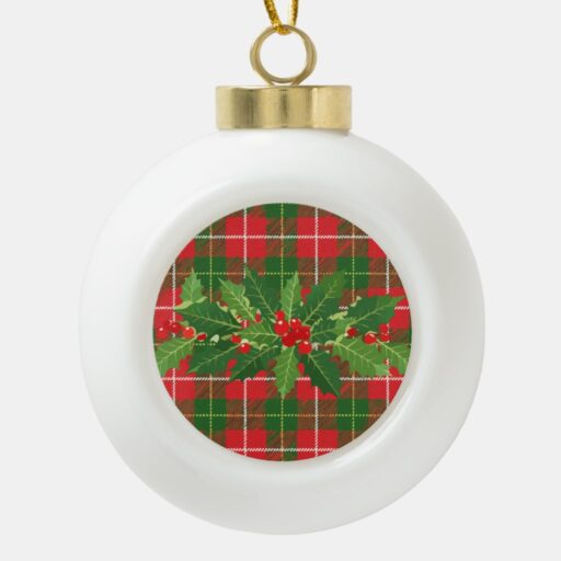 Holly on Christmas Plaid 3 Ceramic Ball Christmas Ornament