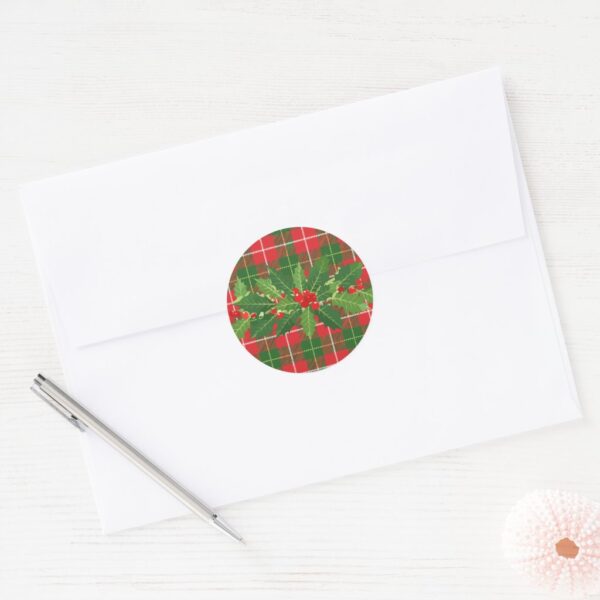Holly on Christmas Plaid 3 Classic Round Stickers. Sheet of 20.