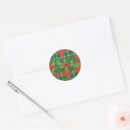 Holly on Christmas Plaid 4 Classic Round Stickers. Sheet of 20.