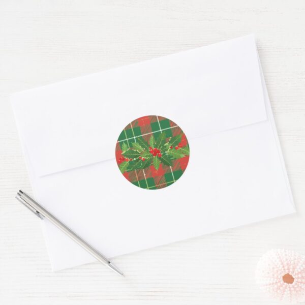 Holly on Christmas Plaid 4 Classic Round Stickers. Sheet of 20.