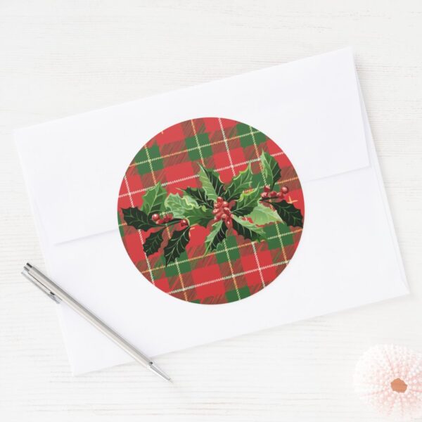 Holly on Christmas Plaid 6 Classic Round Stickers. Sheet of 20.