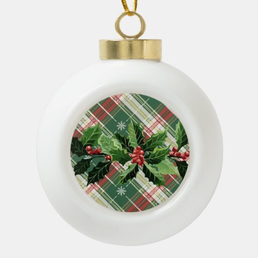 Holly on Christmas Plaid 9 Ceramic Ball Christmas Ornament