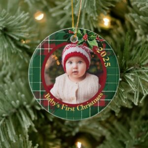 mostly_green_plaid_babys_first_christmas_photo_ceramic_ornament-r1e1380f3fc0448899ded9c87dfad7b5e_05wi1_8byvr_1024.jpg Mostly Green Plaid | Baby's First Christmas Photo Ceramic Ornament