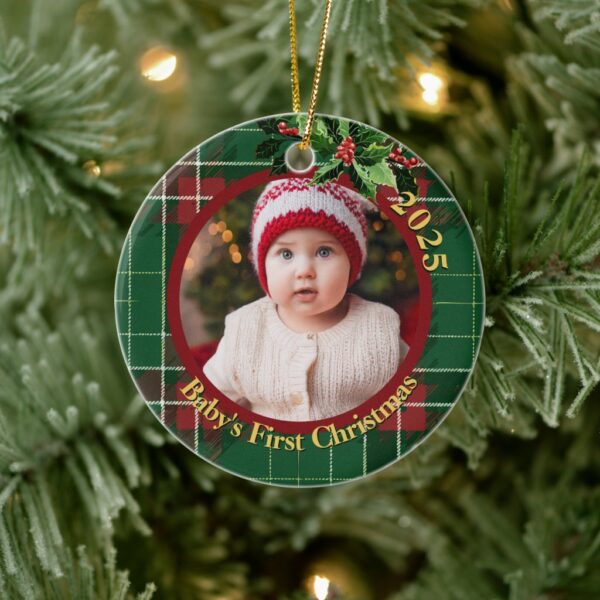 Mostly Green Plaid | Baby's First Christmas Photo Ceramic Ornament