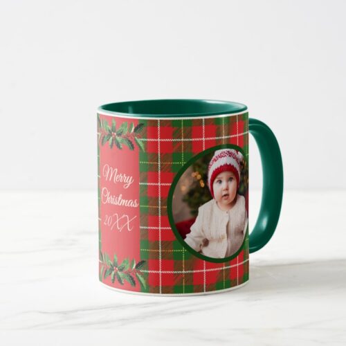 Personalized Family Christmas Red, Green Plaid Mug