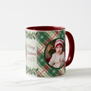 Personalized Family Christmas White, Green Plaid Mug